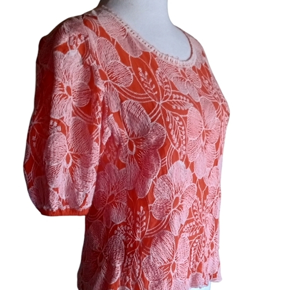 Anthropologie Solitaire Orange All Over Floral Embroidery Peasant Top Sz Medium - Picture 4 of 8